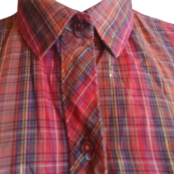 Small Vintage Hippy Plaid Top 1970's Button-Up Shiny Gold Thread Boho Blouse - Picture 3 of 6
